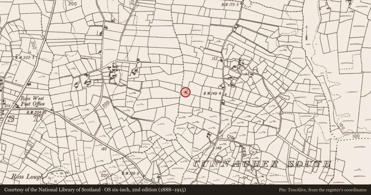 Ordnance Survey six-inch map, 2nd edition (1888–1915) covering the location of Fulacht fia, Cunnagher South, County Mayo, with a pin at the register's coordinates