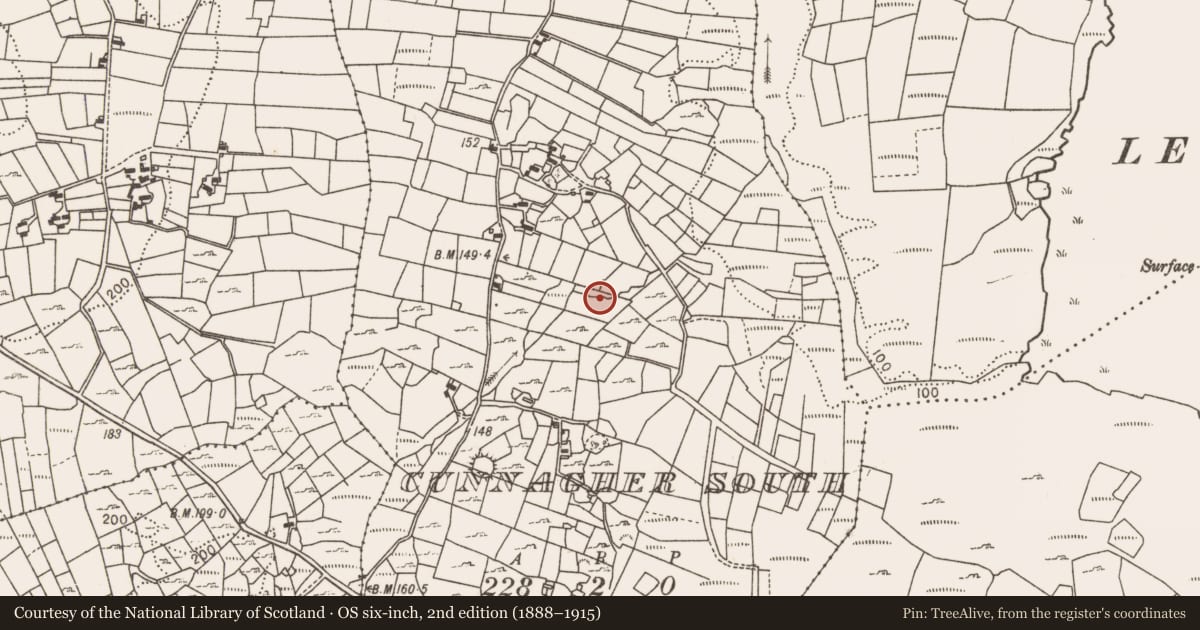 Ordnance Survey six-inch map, 2nd edition (1888–1915) covering the location of Fulacht fia, Cunnagher South, County Mayo, with a pin at the register's coordinates