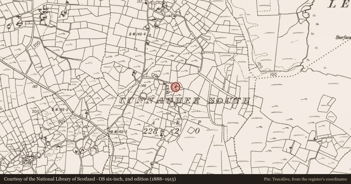 Ordnance Survey six-inch map, 2nd edition (1888–1915) covering the location of Church, Cunnagher South, County Mayo, with a pin at the register's coordinates