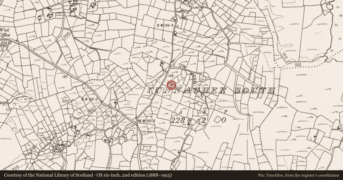 Ordnance Survey six-inch map, 2nd edition (1888–1915) covering the location of Ringfort - rath, Cunnagher South, County Mayo, with a pin at the register's coordinates