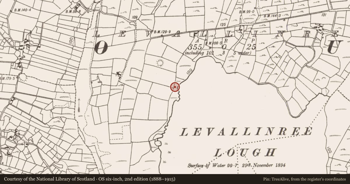 Ordnance Survey six-inch map, 2nd edition (1888–1915) covering the location of Fulacht fia, Levallinree, County Mayo, with a pin at the register's coordinates