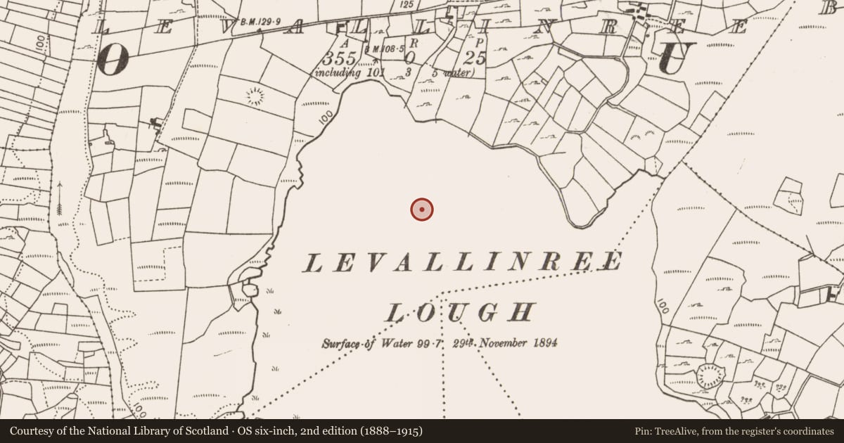 Ordnance Survey six-inch map, 2nd edition (1888–1915) covering the location of Crannog, Levallinree, County Mayo, with a pin at the register's coordinates