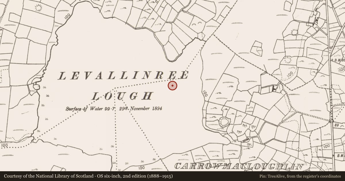 Ordnance Survey six-inch map, 2nd edition (1888–1915) covering the location of Crannog, Carrowmacloughlin, County Mayo, with a pin at the register's coordinates