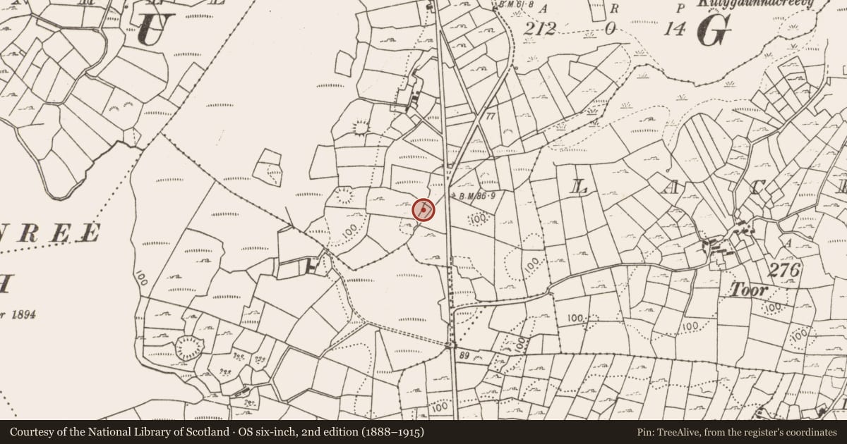Ordnance Survey six-inch map, 2nd edition (1888–1915) covering the location of Water mill - horizontal-wheeled, Ballygarriff, County Mayo, with a pin at the register's coordinates