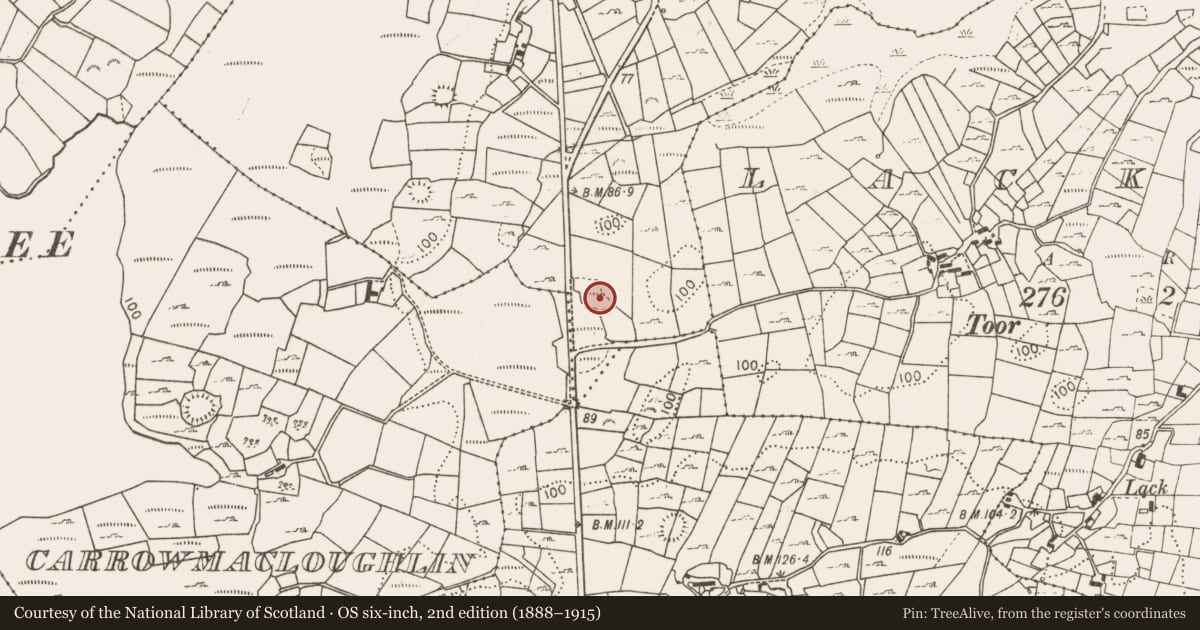 Ordnance Survey six-inch map, 2nd edition (1888–1915) covering the location of Burial mound, Ballygarriff, County Mayo, with a pin at the register's coordinates