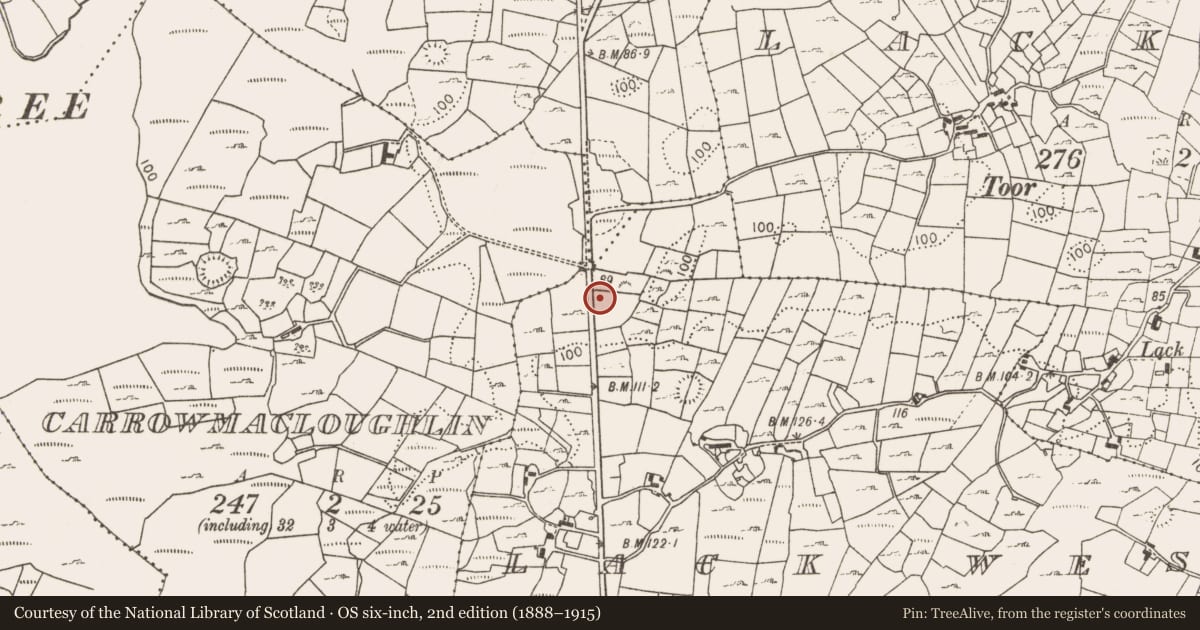 Ordnance Survey six-inch map, 2nd edition (1888–1915) covering the location of Fulacht fia, Lack West, County Mayo, with a pin at the register's coordinates