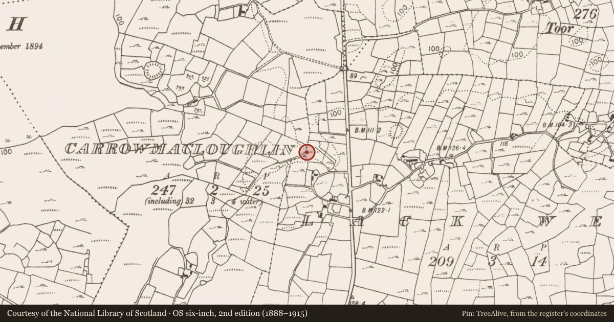 Ordnance Survey six-inch map, 2nd edition (1888–1915) covering the location of Fulacht fia, Lack West, County Mayo, with a pin at the register's coordinates
