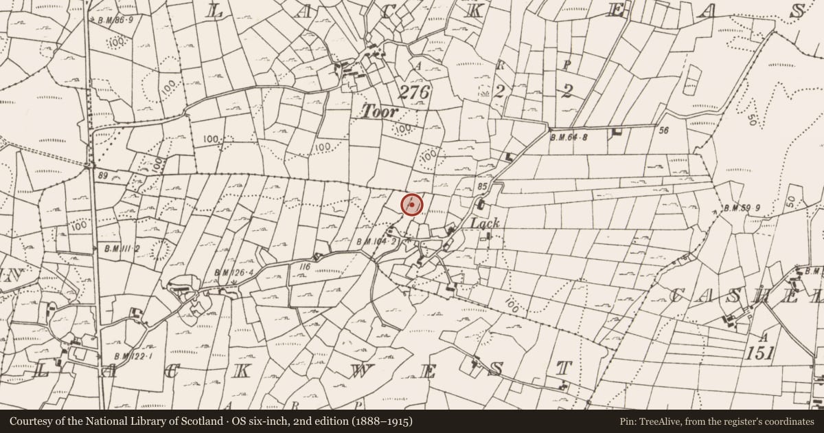 Ordnance Survey six-inch map, 2nd edition (1888–1915) covering the location of Burnt spread, Lack East, County Mayo, with a pin at the register's coordinates