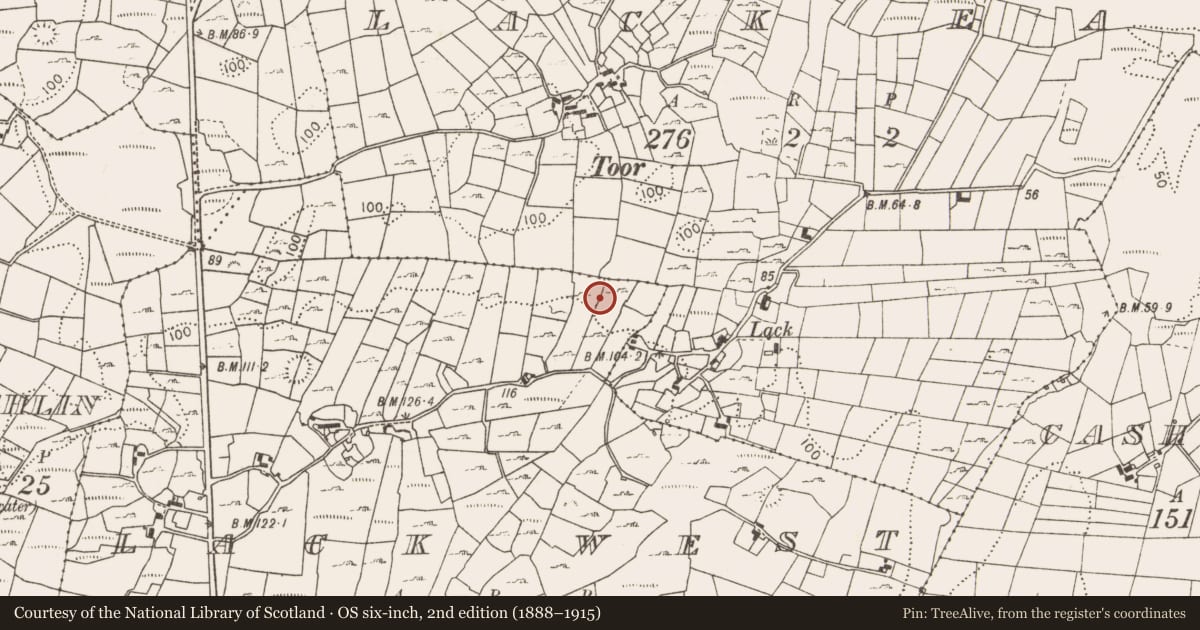 Ordnance Survey six-inch map, 2nd edition (1888–1915) covering the location of Fulacht fia, Lack West, County Mayo, with a pin at the register's coordinates