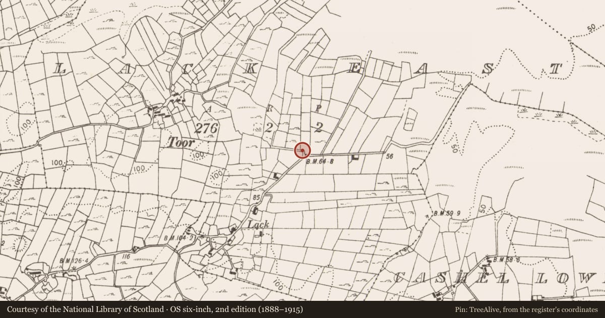 Ordnance Survey six-inch map, 2nd edition (1888–1915) covering the location of Fulacht fia, Lack East, County Mayo, with a pin at the register's coordinates