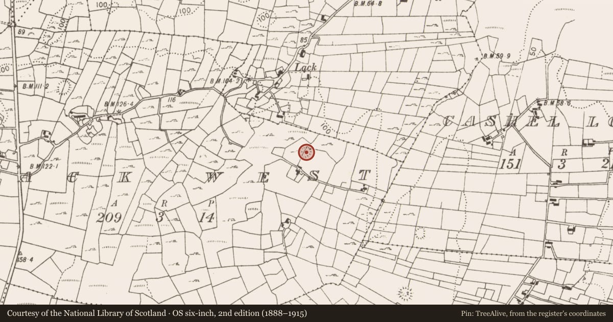Ordnance Survey six-inch map, 2nd edition (1888–1915) covering the location of Ringfort - unclassified, Lack West, County Mayo, with a pin at the register's coordinates