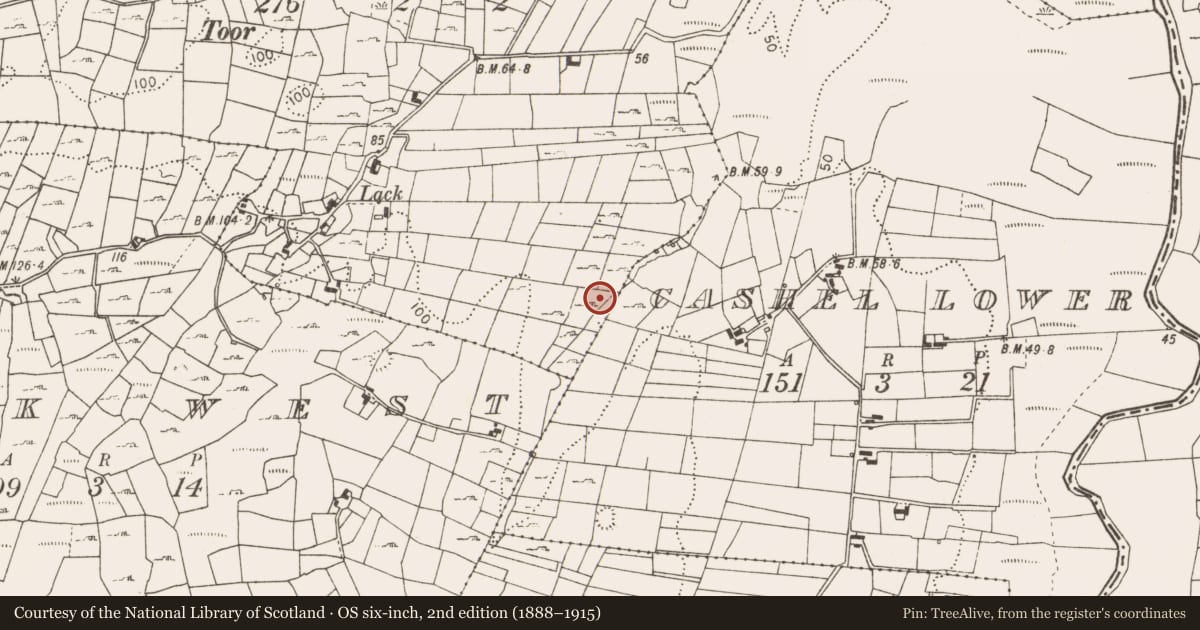 Ordnance Survey six-inch map, 2nd edition (1888–1915) covering the location of Fulacht fia, Lack East, County Mayo, with a pin at the register's coordinates