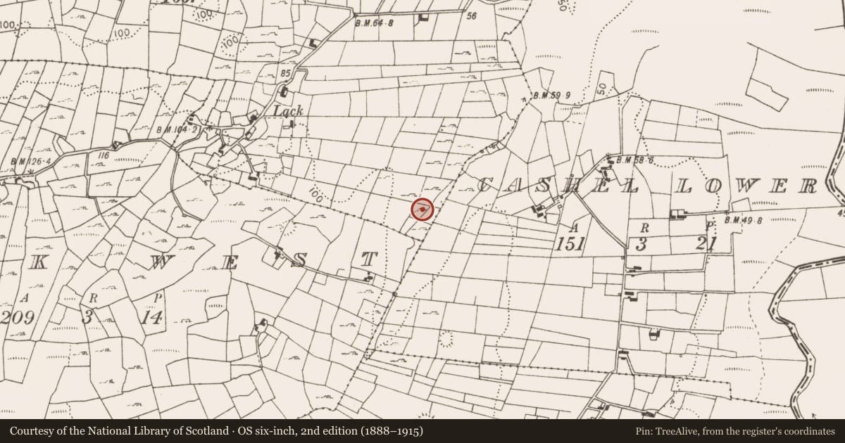 Ordnance Survey six-inch map, 2nd edition (1888–1915) covering the location of Fulacht fia, Lack East, County Mayo, with a pin at the register's coordinates