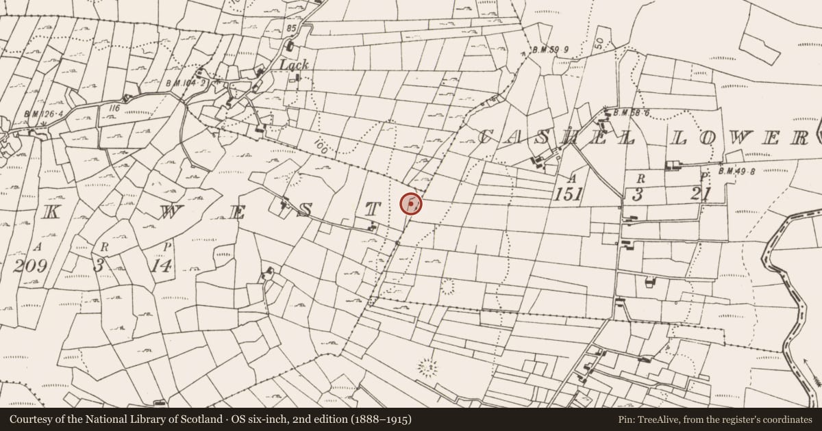 Ordnance Survey six-inch map, 2nd edition (1888–1915) covering the location of Fulacht fia, Lack West, County Mayo, with a pin at the register's coordinates