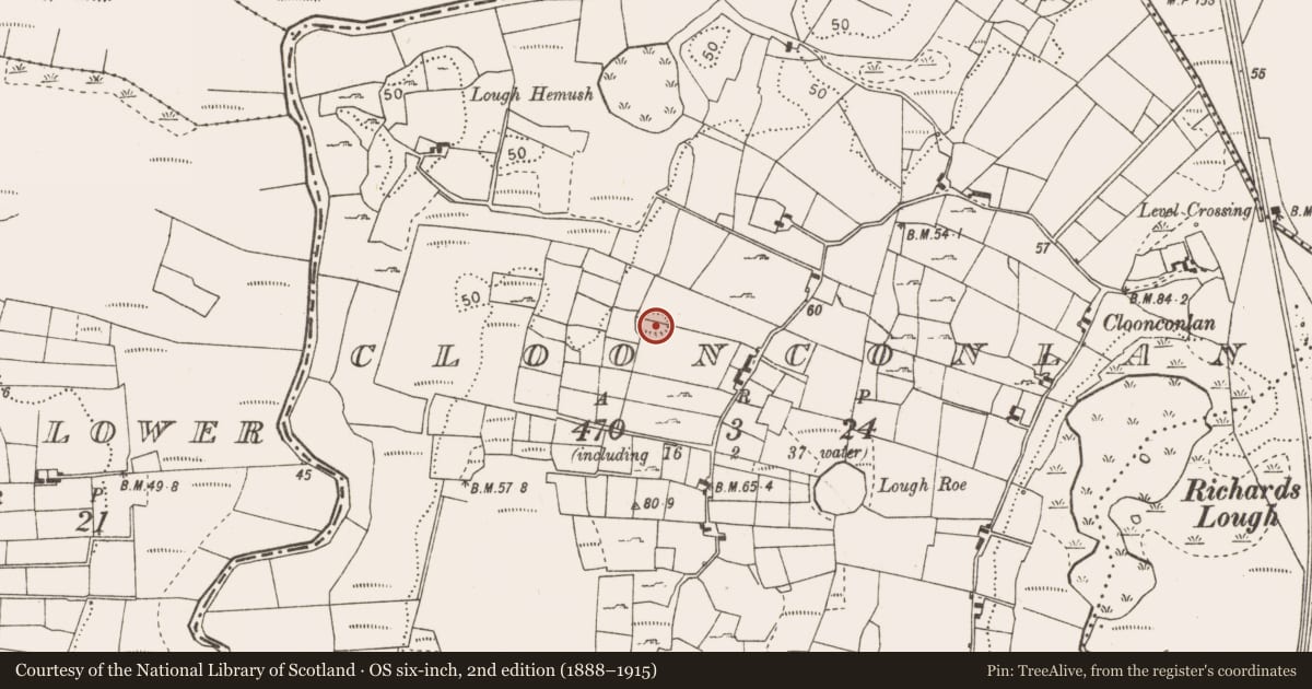 Ordnance Survey six-inch map, 2nd edition (1888–1915) covering the location of Ringfort - rath, Cloonconlan, County Mayo, with a pin at the register's coordinates