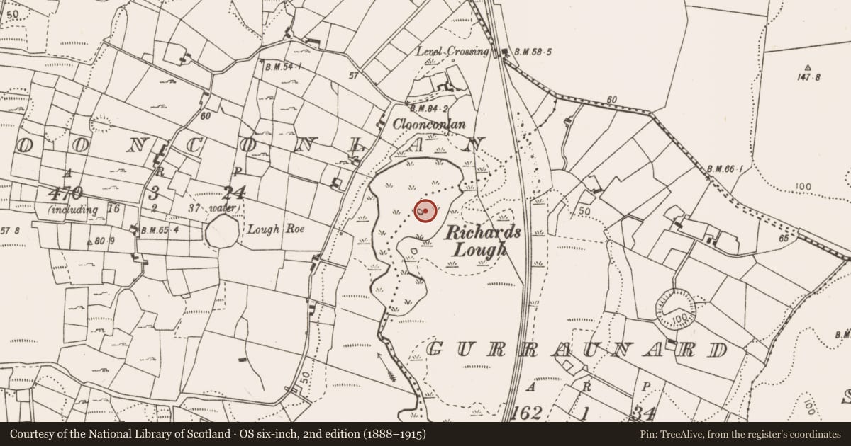 Ordnance Survey six-inch map, 2nd edition (1888–1915) covering the location of Crannog, Cloonconlan, Gurraunard, County Mayo, with a pin at the register's coordinates