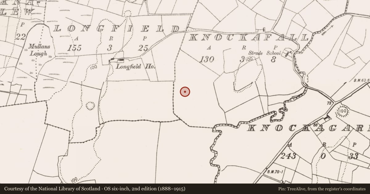 Ordnance Survey six-inch map, 2nd edition (1888–1915) covering the location of Enclosure, Knockafall, County Mayo, with a pin at the register's coordinates