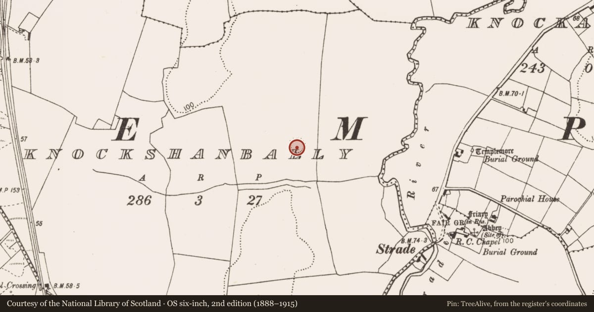 Ordnance Survey six-inch map, 2nd edition (1888–1915) covering the location of Ringfort - rath, Knockshanbally, County Mayo, with a pin at the register's coordinates