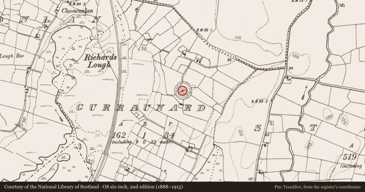 Ordnance Survey six-inch map, 2nd edition (1888–1915) covering the location of Enclosure, Gurraunard, County Mayo, with a pin at the register's coordinates