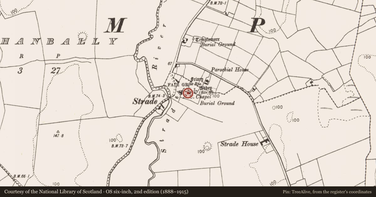 Ordnance Survey six-inch map, 2nd edition (1888–1915) covering the location of Graveslab, Strade, County Mayo, with a pin at the register's coordinates
