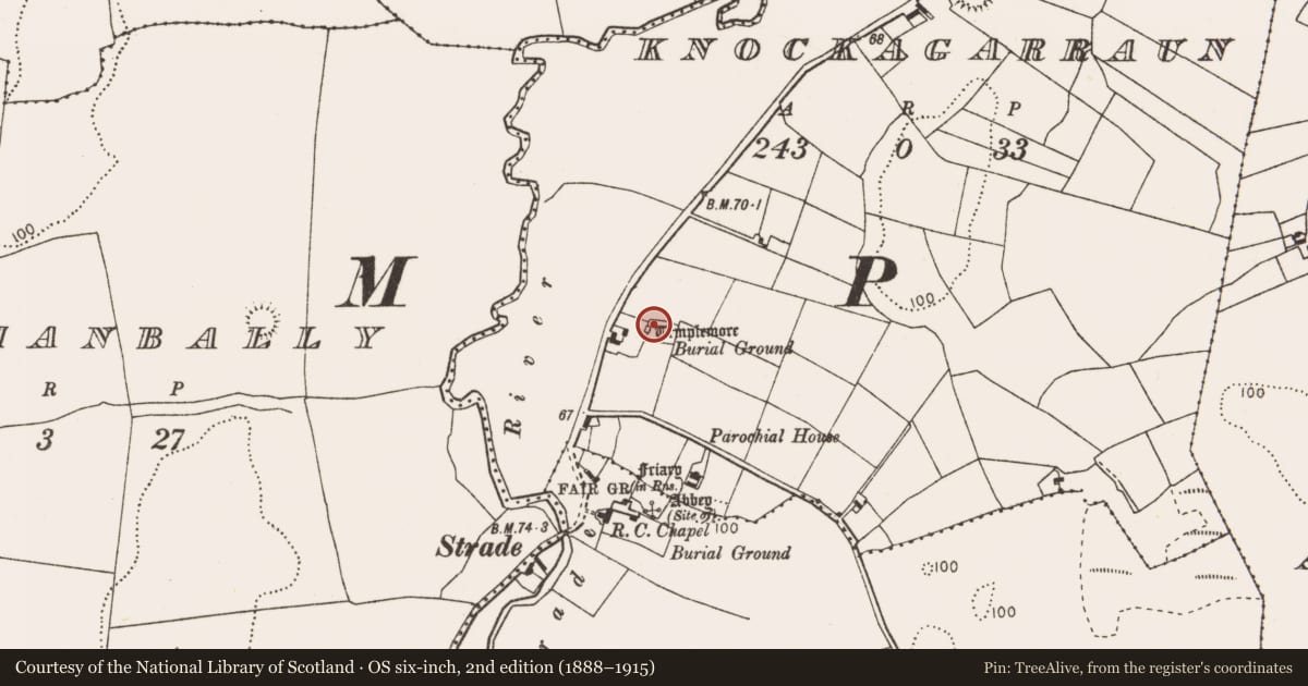 Ordnance Survey six-inch map, 2nd edition (1888–1915) covering the location of Church, Knockagarraun, County Mayo, with a pin at the register's coordinates