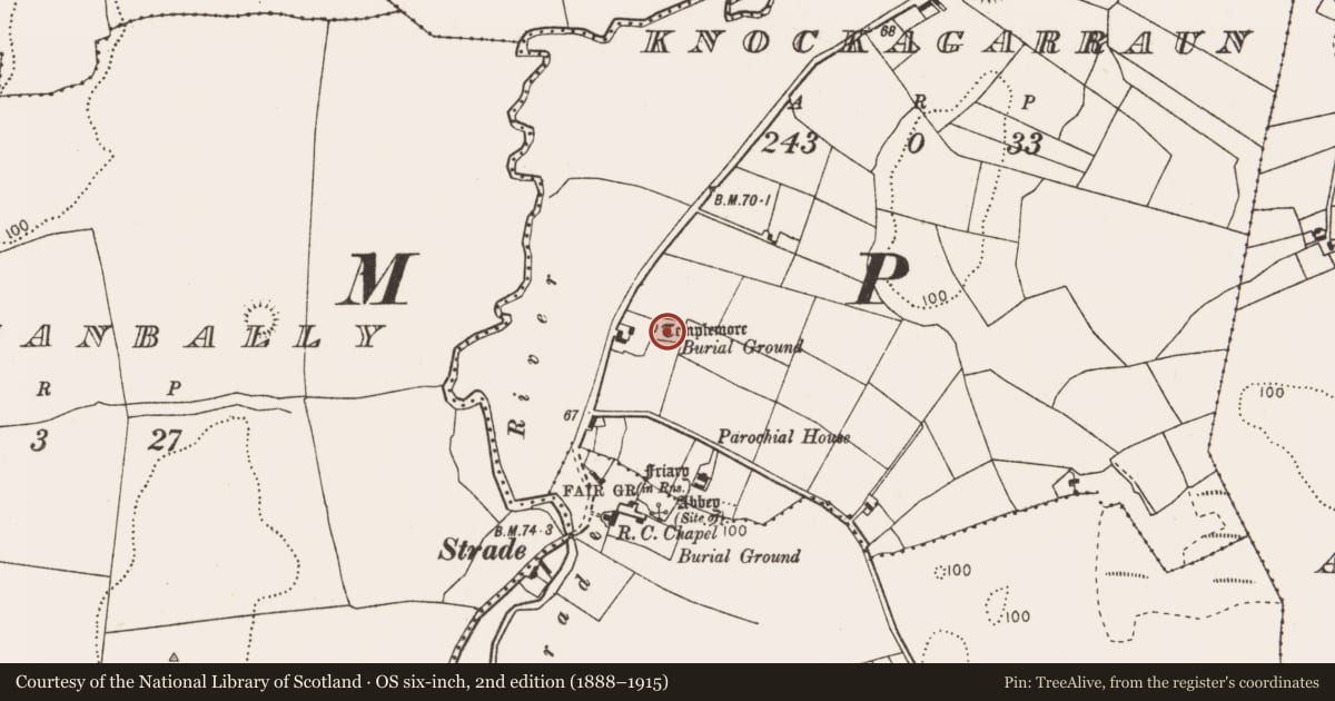 Ordnance Survey six-inch map, 2nd edition (1888–1915) covering the location of Graveyard, Knockagarraun, County Mayo, with a pin at the register's coordinates