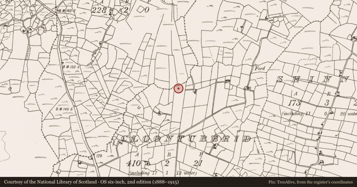 Ordnance Survey six-inch map, 2nd edition (1888–1915) covering the location of Fulacht fia, Cloontubbrid, County Mayo, with a pin at the register's coordinates