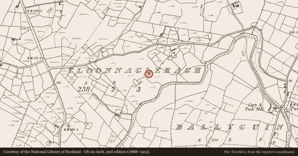Ordnance Survey six-inch map, 2nd edition (1888–1915) covering the location of Ringfort - rath, Cloonnagleragh, County Mayo, with a pin at the register's coordinates