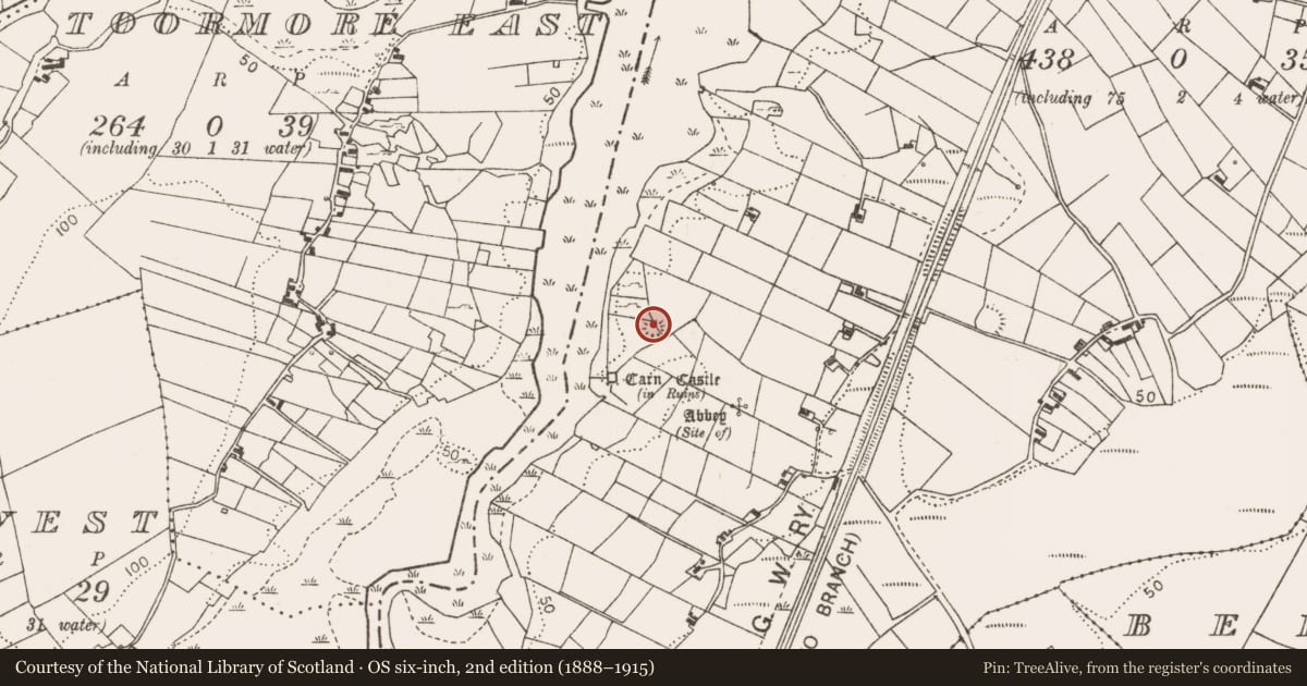 Ordnance Survey six-inch map, 2nd edition (1888–1915) covering the location of Castle - motte, Corraun, County Mayo, with a pin at the register's coordinates