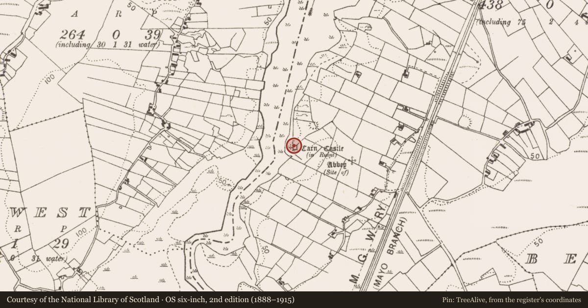Ordnance Survey six-inch map, 2nd edition (1888–1915) covering the location of Castle - tower house, Corraun, County Mayo, with a pin at the register's coordinates