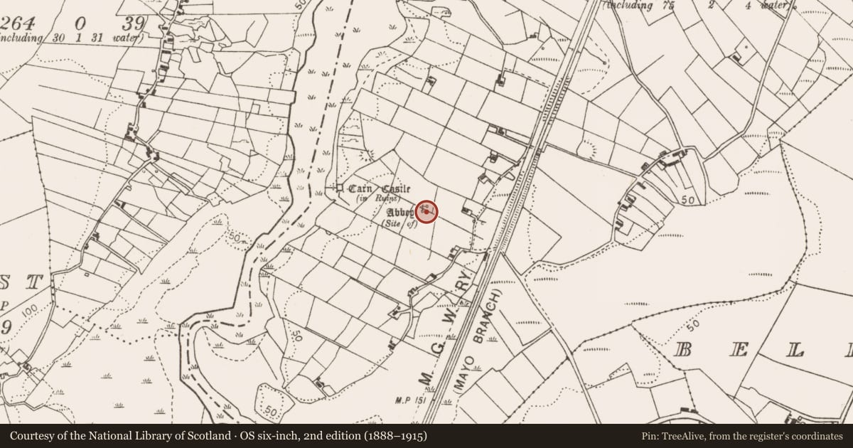 Ordnance Survey six-inch map, 2nd edition (1888–1915) covering the location of Religious house - unclassified, Corraun, County Mayo, with a pin at the register's coordinates