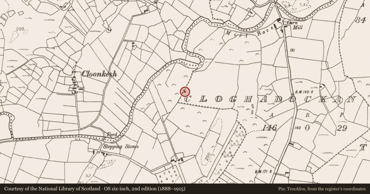 Ordnance Survey six-inch map, 2nd edition (1888–1915) covering the location of Fulacht fia, Cloghadockan, County Mayo, with a pin at the register's coordinates