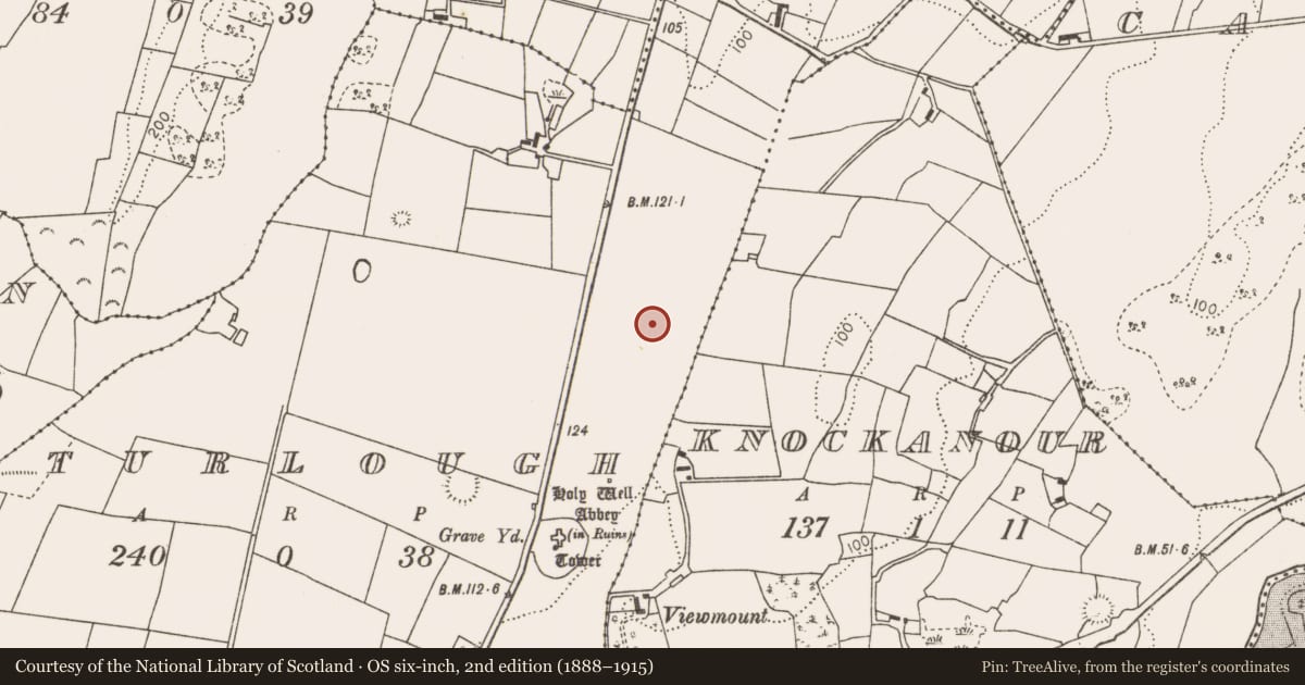 Ordnance Survey six-inch map, 2nd edition (1888–1915) covering the location of Enclosure, Turlough, County Mayo, with a pin at the register's coordinates