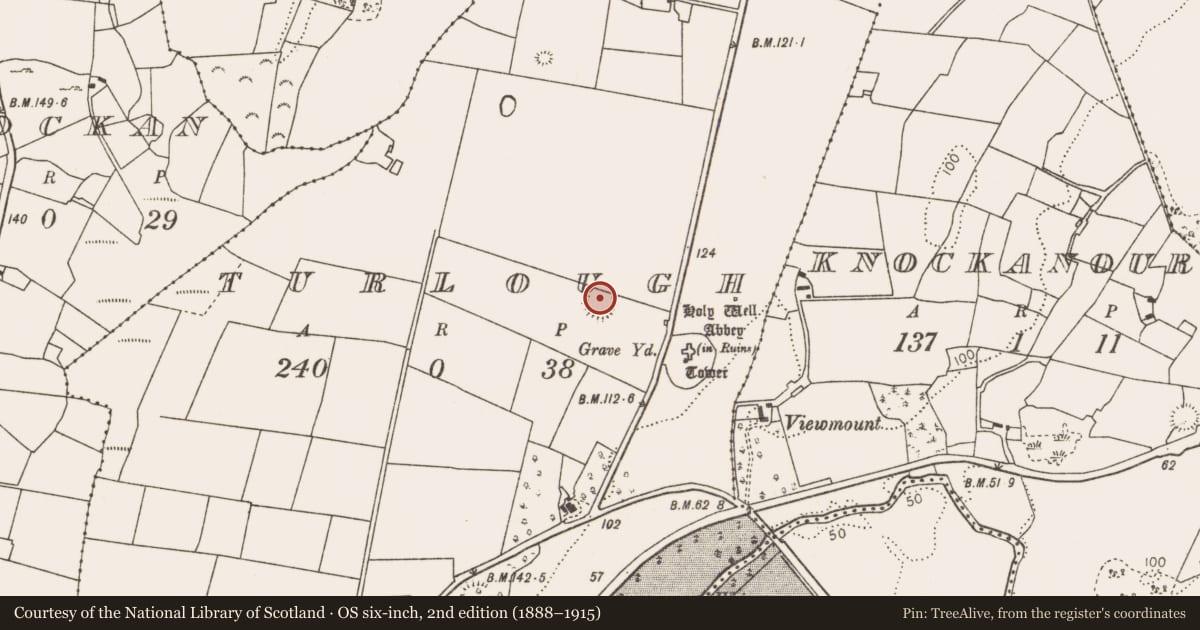 Ordnance Survey six-inch map, 2nd edition (1888–1915) covering the location of Ringfort - rath, Turlough, County Mayo, with a pin at the register's coordinates