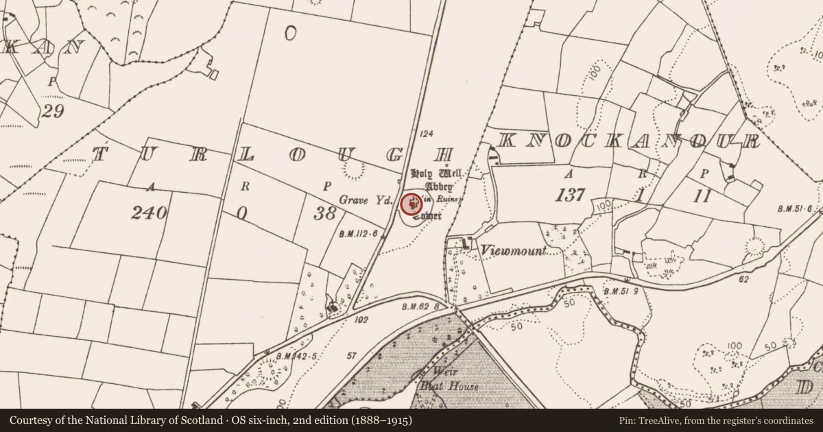 Ordnance Survey six-inch map, 2nd edition (1888–1915) covering the location of Round tower, Turlough, County Mayo, with a pin at the register's coordinates