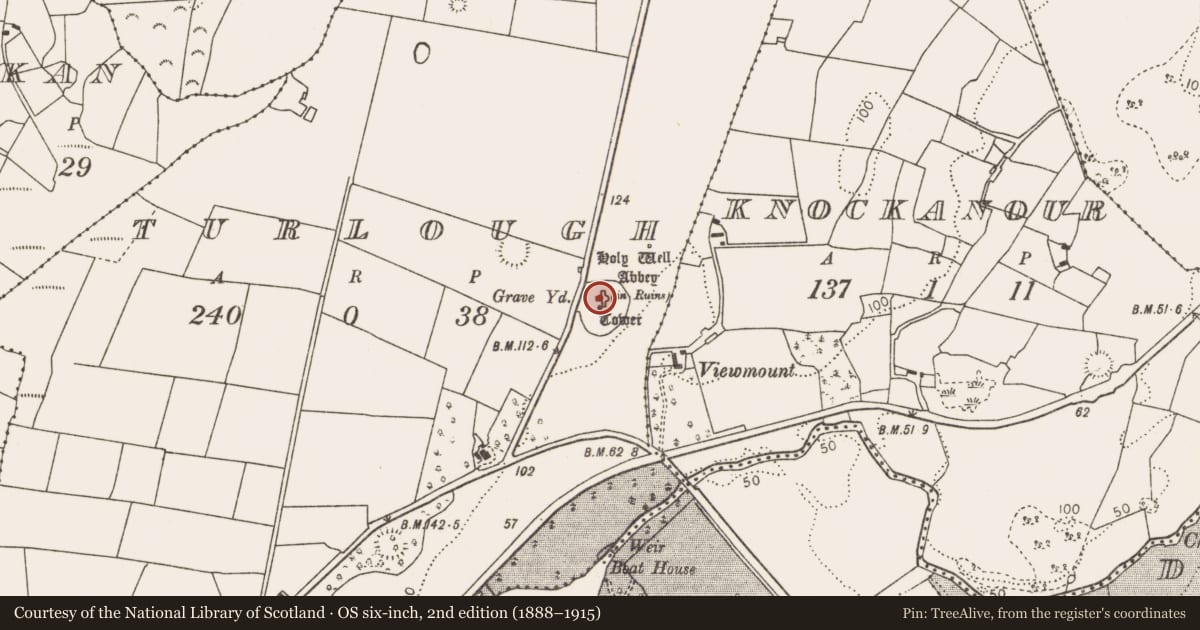 Ordnance Survey six-inch map, 2nd edition (1888–1915) covering the location of Crucifixion plaque, Turlough, County Mayo, with a pin at the register's coordinates