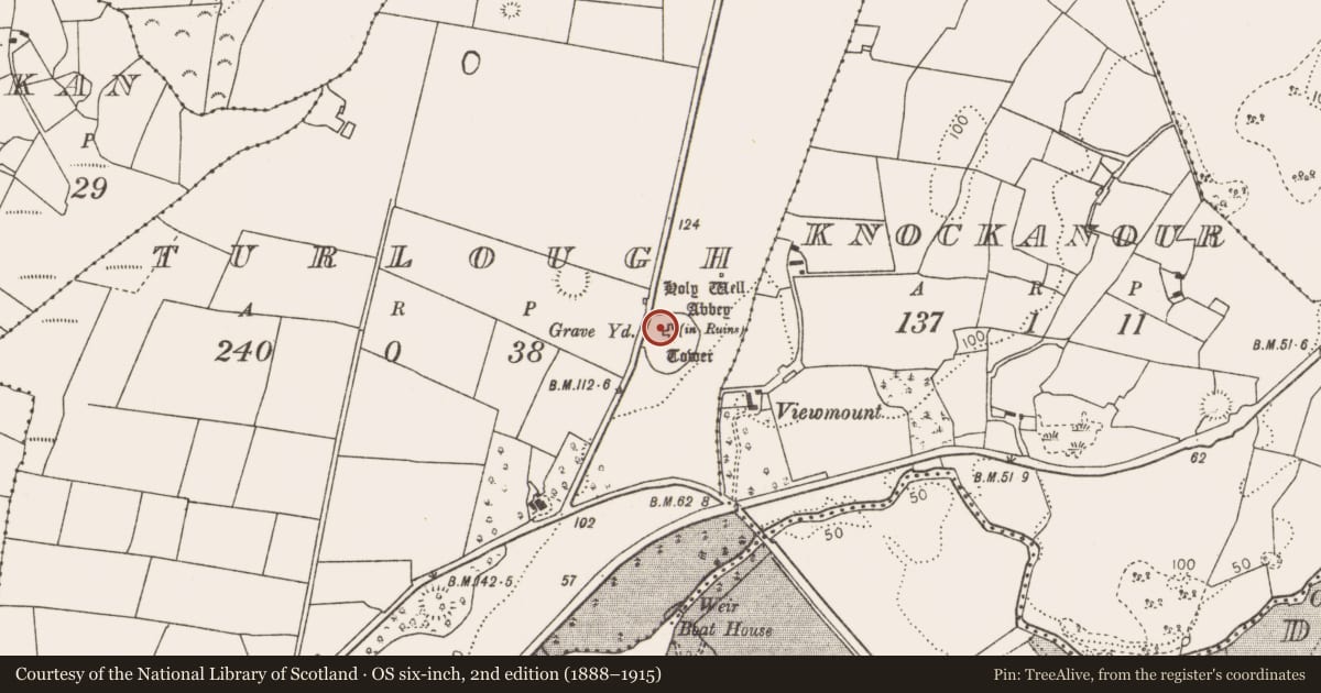Ordnance Survey six-inch map, 2nd edition (1888–1915) covering the location of Crucifixion plaque, Turlough, County Mayo, with a pin at the register's coordinates