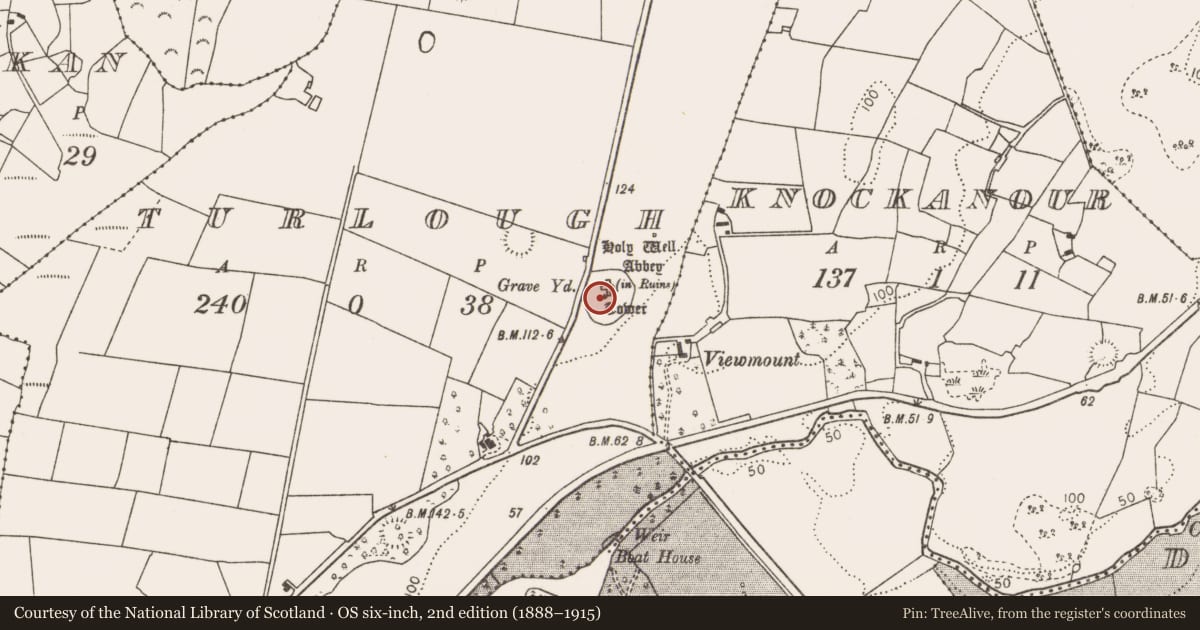 Ordnance Survey six-inch map, 2nd edition (1888–1915) covering the location of Graveyard, Turlough, County Mayo, with a pin at the register's coordinates