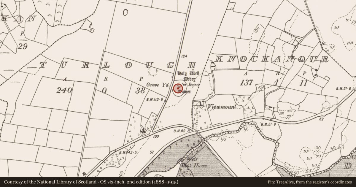 Ordnance Survey six-inch map, 2nd edition (1888–1915) covering the location of Enclosure, Turlough, County Mayo, with a pin at the register's coordinates