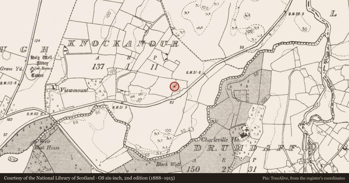 Ordnance Survey six-inch map, 2nd edition (1888–1915) covering the location of House - indeterminate date, Knockanour, County Mayo, with a pin at the register's coordinates