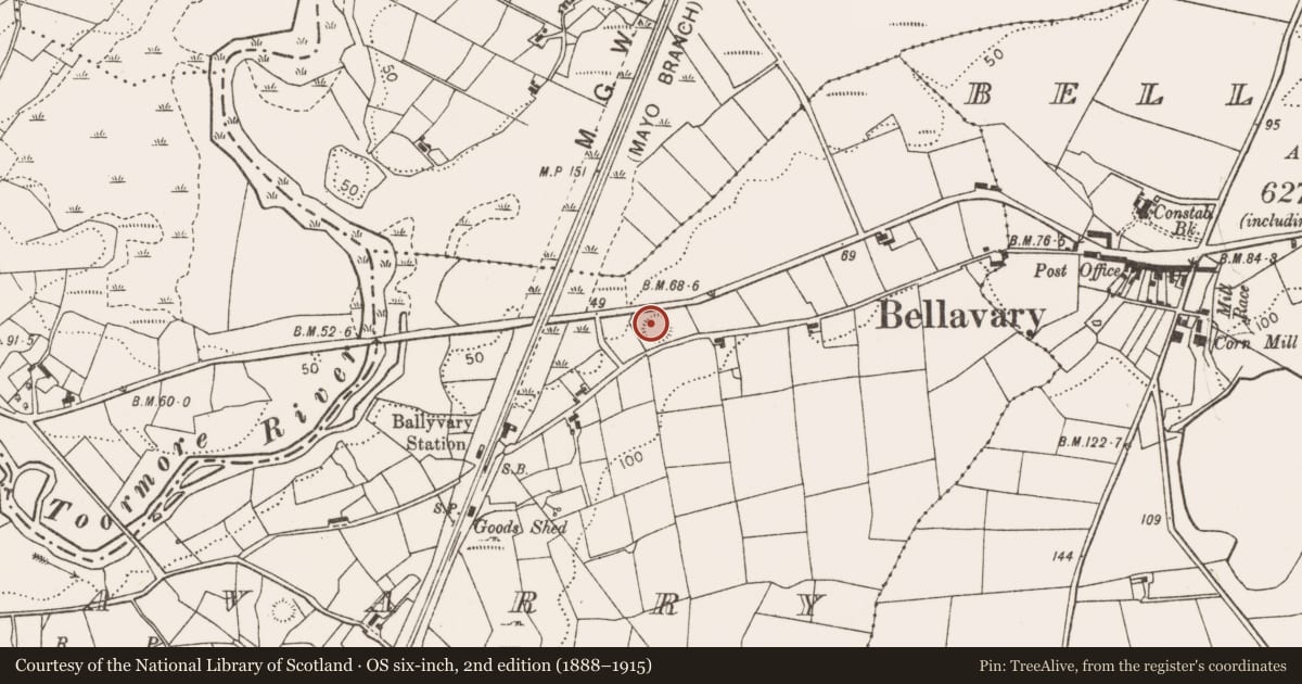 Ordnance Survey six-inch map, 2nd edition (1888–1915) covering the location of Ringfort - rath, Laghtavarry, County Mayo, with a pin at the register's coordinates