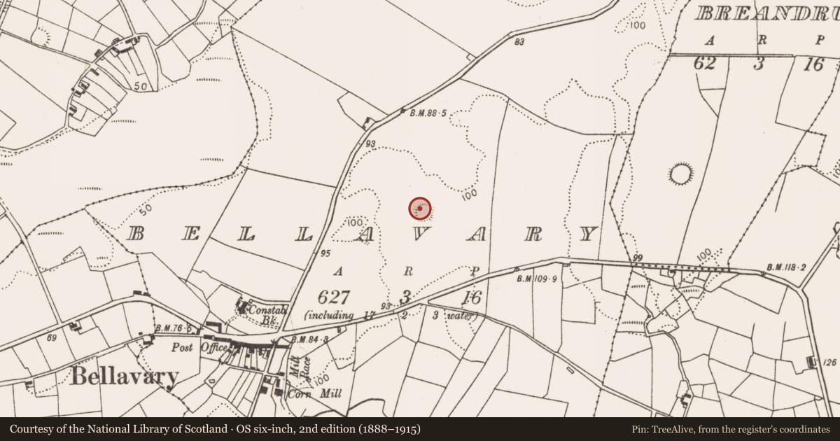 Ordnance Survey six-inch map, 2nd edition (1888–1915) covering the location of Enclosure, Bellavary, County Mayo, with a pin at the register's coordinates