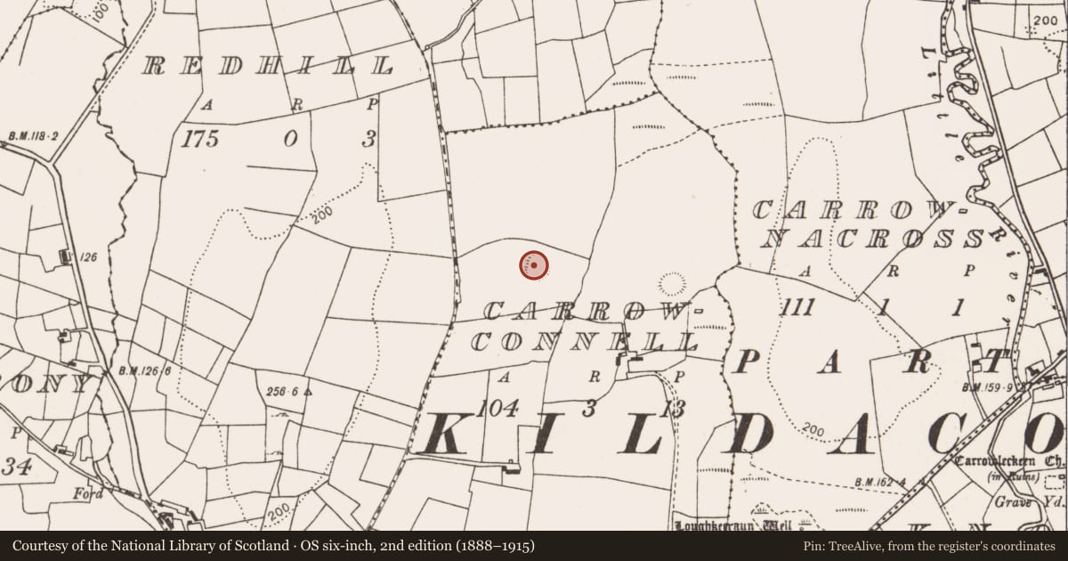 Ordnance Survey six-inch map, 2nd edition (1888–1915) covering the location of Souterrain, Carrowconnell, County Mayo, with a pin at the register's coordinates