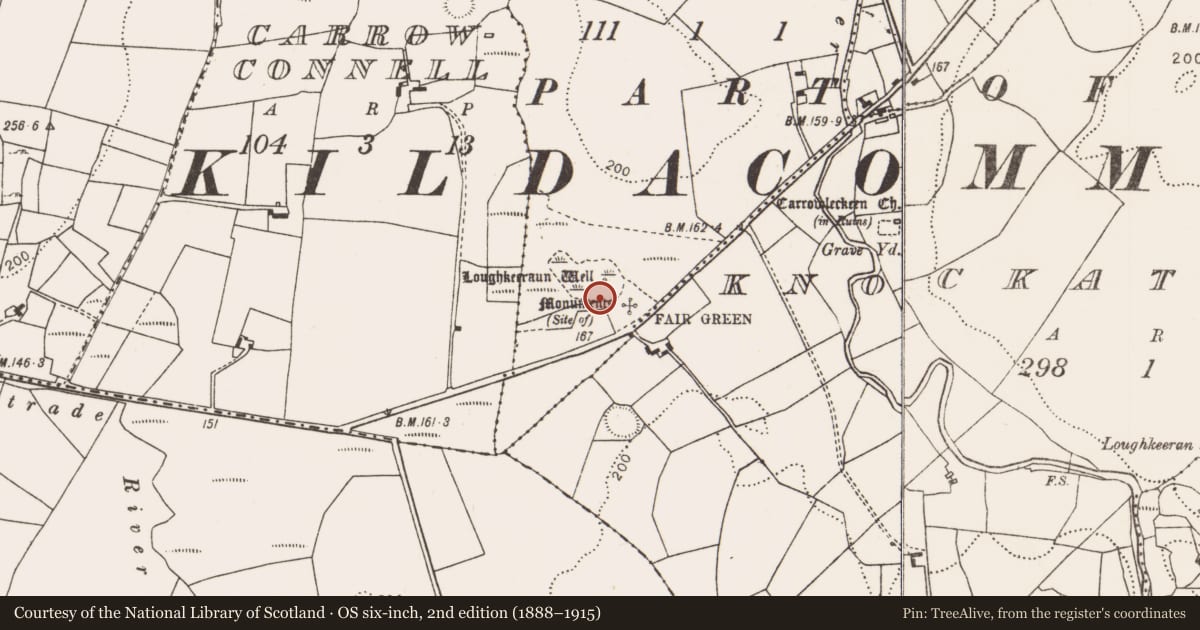 Ordnance Survey six-inch map, 2nd edition (1888–1915) covering the location of Ritual site - holy well, Carrownacross (Gallen By., Kildacommoge Par.), County Mayo, with a pin at the register's coordinates