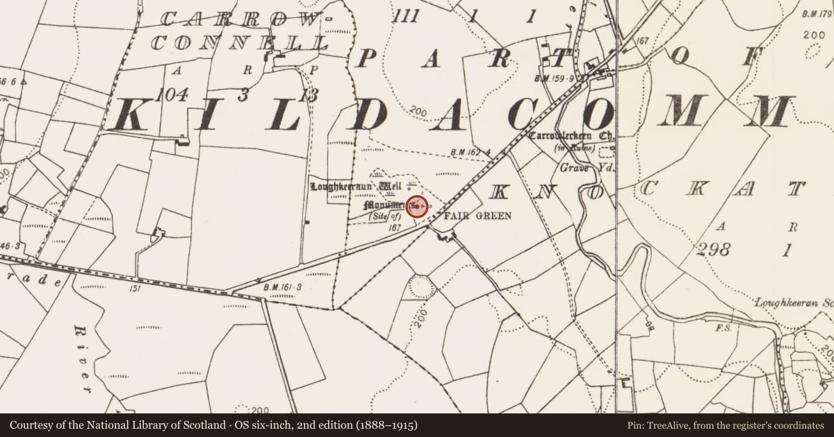 Ordnance Survey six-inch map, 2nd edition (1888–1915) covering the location of Monumental structure, Carrownacross (Gallen By., Kildacommoge Par.), County Mayo, with a pin at the register's coordinates