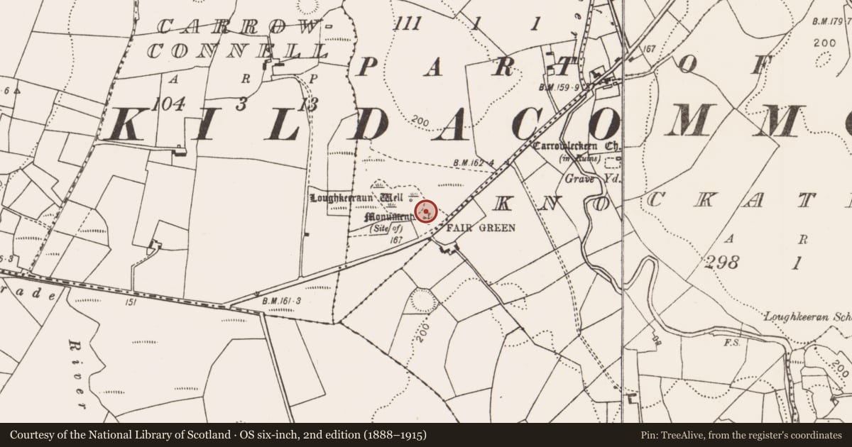 Ordnance Survey six-inch map, 2nd edition (1888–1915) covering the location of Monumental structure, Carrownacross (Gallen By., Kildacommoge Par.), County Mayo, with a pin at the register's coordinates