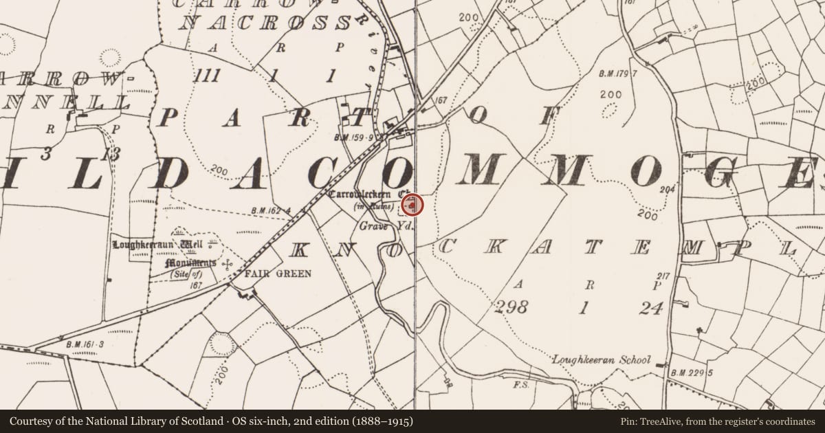 Ordnance Survey six-inch map, 2nd edition (1888–1915) covering the location of Church, Knockatemple, County Mayo, with a pin at the register's coordinates