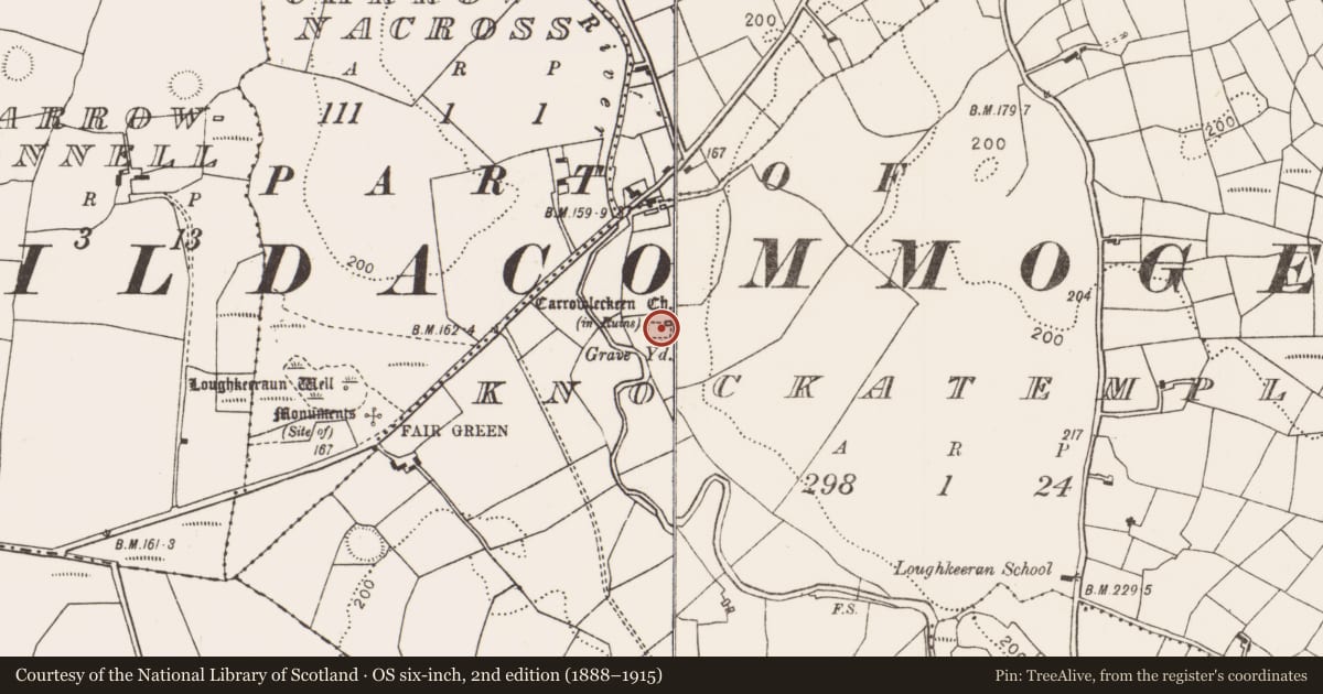Ordnance Survey six-inch map, 2nd edition (1888–1915) covering the location of Graveyard, Knockatemple, County Mayo, with a pin at the register's coordinates