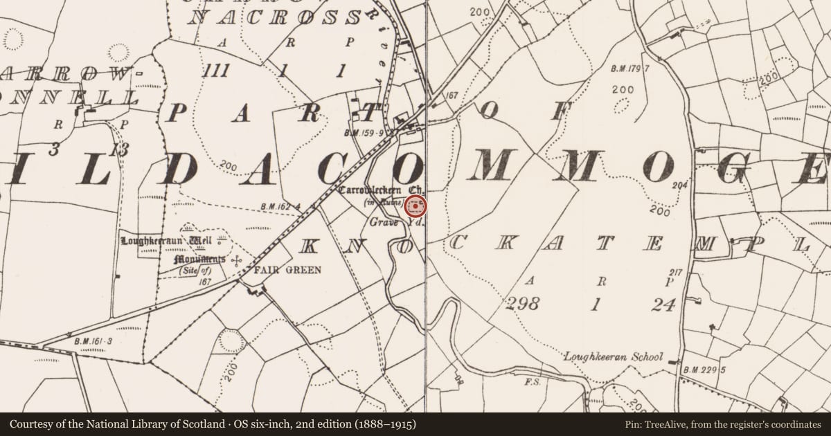 Ordnance Survey six-inch map, 2nd edition (1888–1915) covering the location of Children's burial ground, Knockatemple, County Mayo, with a pin at the register's coordinates