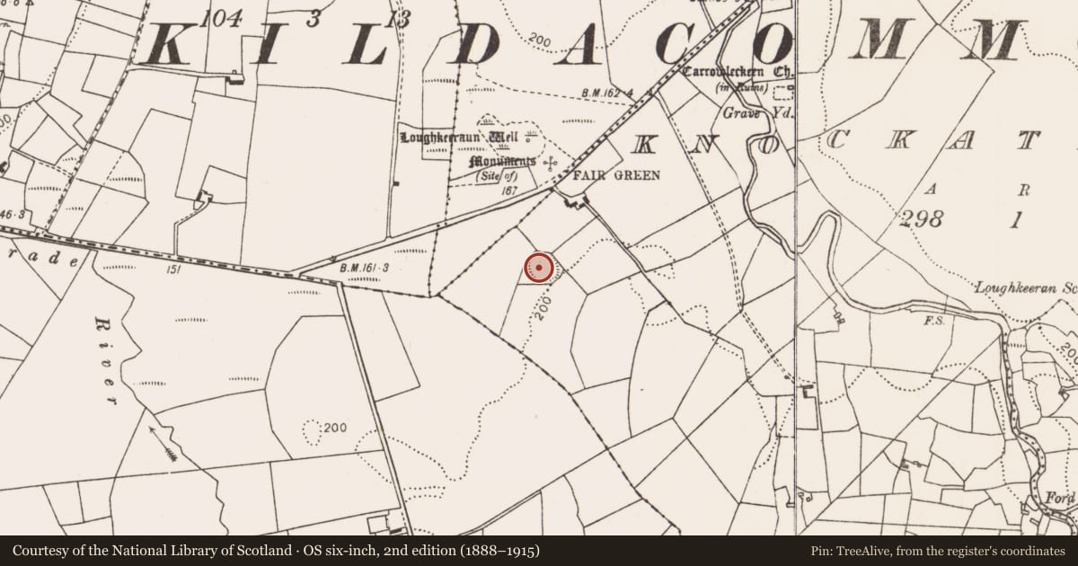 Ordnance Survey six-inch map, 2nd edition (1888–1915) covering the location of Ringfort - rath, Knockatemple, County Mayo, with a pin at the register's coordinates